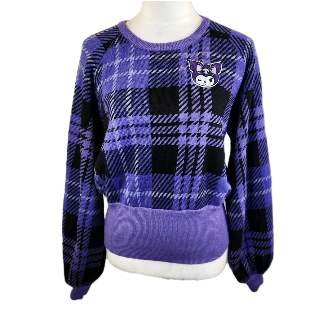 Sanrio Kuromi Womens Knit Plaid Sweater Sz Large Purple Black Bishop Sleeve Top - Picture 10 of 16